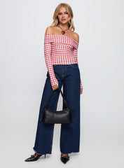 Singular Off The Shoulder Long Sleeve Top Red Check