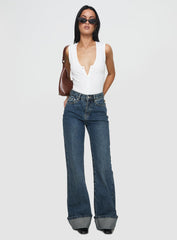Florida Keys Mid Rise Straight Leg Cuffed Jeans Mid Blue