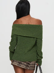 Parkley Boucle Off The Shoulder Sweater Olive