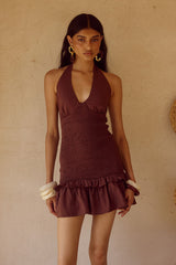 FLEUR SHIRRED HALTER MINI DRESS - CHOCOLATE