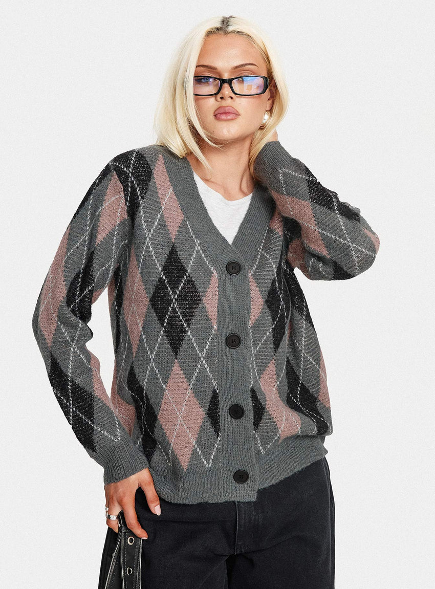 Zeeva Button Through Knit Cardigan Grey Argyle