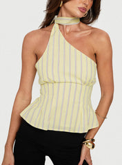 Zukaia One Shoulder Scarf Top Yellow Stripe