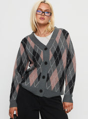 Zeeva Button Through Knit Cardigan Grey Argyle