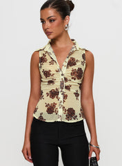 Present Tense Sheer Ruched Top Yellow Floral