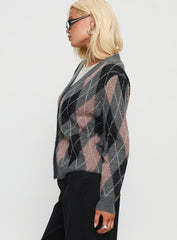 Zeeva Button Through Knit Cardigan Grey Argyle
