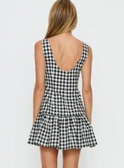 Kolbie Boat Neck Frill Mini Dress Black / White Check