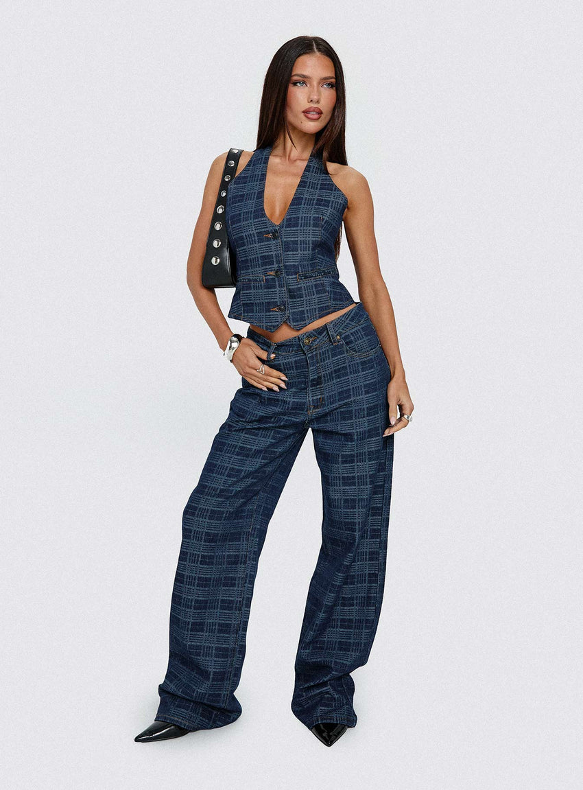 Top Model Low Rise Straight Leg Jeans Indigo Plaid