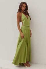 Amadine Deep V Plunge Maxi Dress - Olive