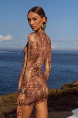 Rue Sleeved Mini Dress - Tan Viper