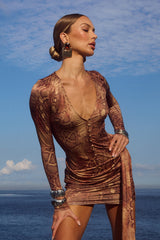 Rue Sleeved Mini Dress - Tan Viper